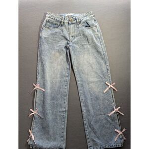 Rise Supply Co Womens Size 5 Vintage Wash Wide Leg Jeans Pink Bow Side Slits Y2K